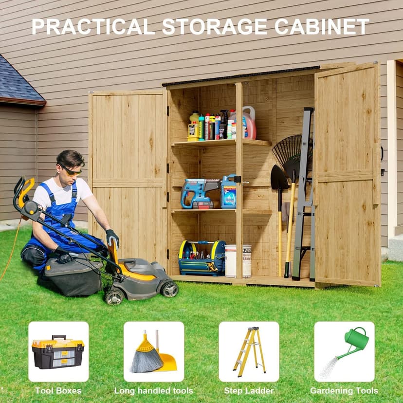 Gizoon Outdoor Storage Cabinet with Waterproof Roof, Double Lockable Doors Garden Shed with 2 Removable Shelves, Wooden Storage Shed with Large Storage Space for Patio, Garden, Backyard, Lawn