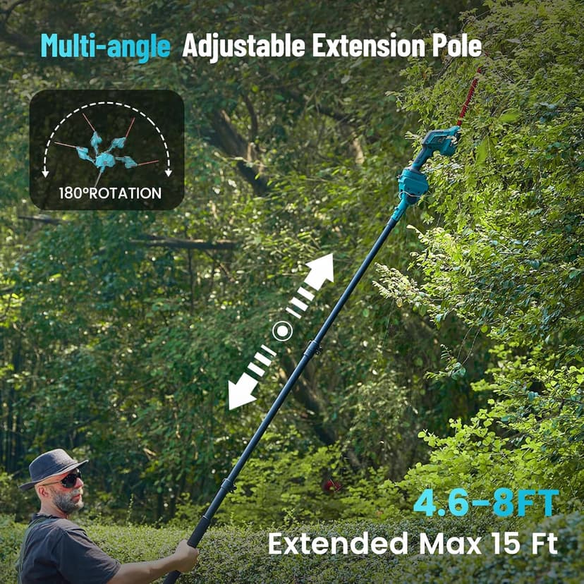 Seesii 6-in-1 Cordless Pole Saw and Pole Hedge Trimmer Grass Shears Combo Kit, Electric Mini Chainsaw with 2*4.0 Ah Batteries, Extension Tree Prunner, Bush Trimmer Limb Branch Cutter, 16ft Long Reach