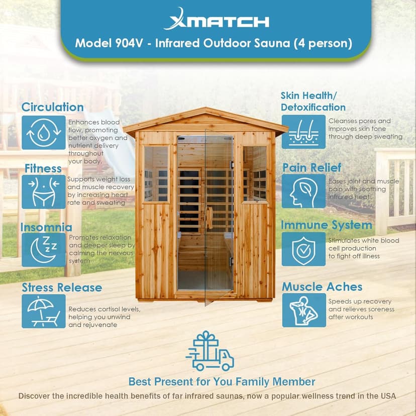 Saunas 904V Far Infrared Sauna, Outdoor Wooden Dry Sauna Low EMF (Hemlock Wood, 4-Person Size)