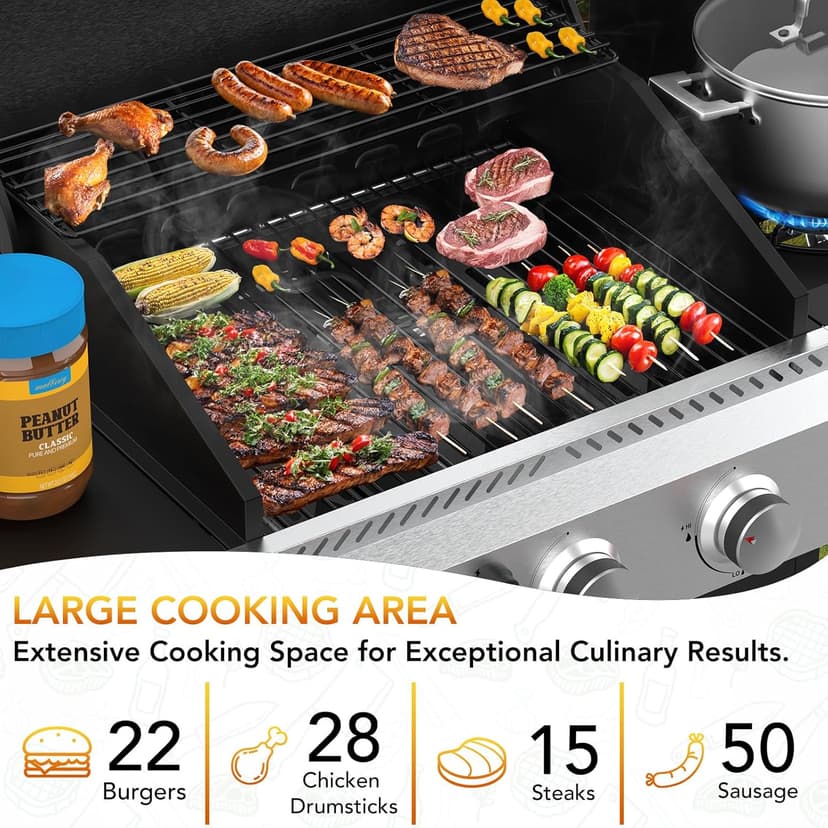 3-Burner Propane Gas Grill with Side Burner,Stainless Steel BBQ Grill with Porcelain-Enameled Cast Iron Grates,37000 BTU Barbecue Grill, Suitable for Patio,Camping,Outdoor Cooking