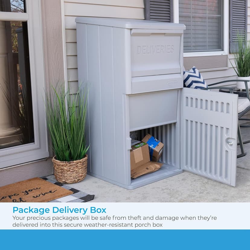 Suncast 33.5-Gallon Capacity Package Delivery Box, Parcel Drop Box with Lock, Weather Resistant Outdoor Storage Solution for Secure Package Deliveries, Made in USA