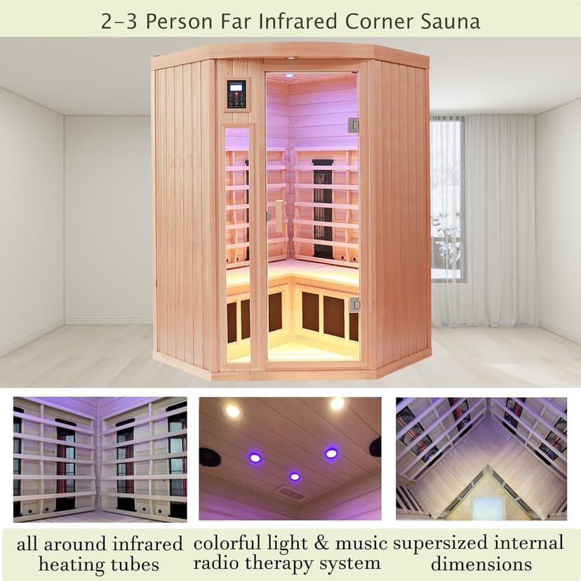 Ceramic Infrared Sauna 2-3 Person Far Infrared Saunas for Home Low EMF Indoor Home Sauna Hemlock Wooden Corner Sauna Room w/Bluetooth Speaker, LED Reading Lamp, Chromotherapy Light