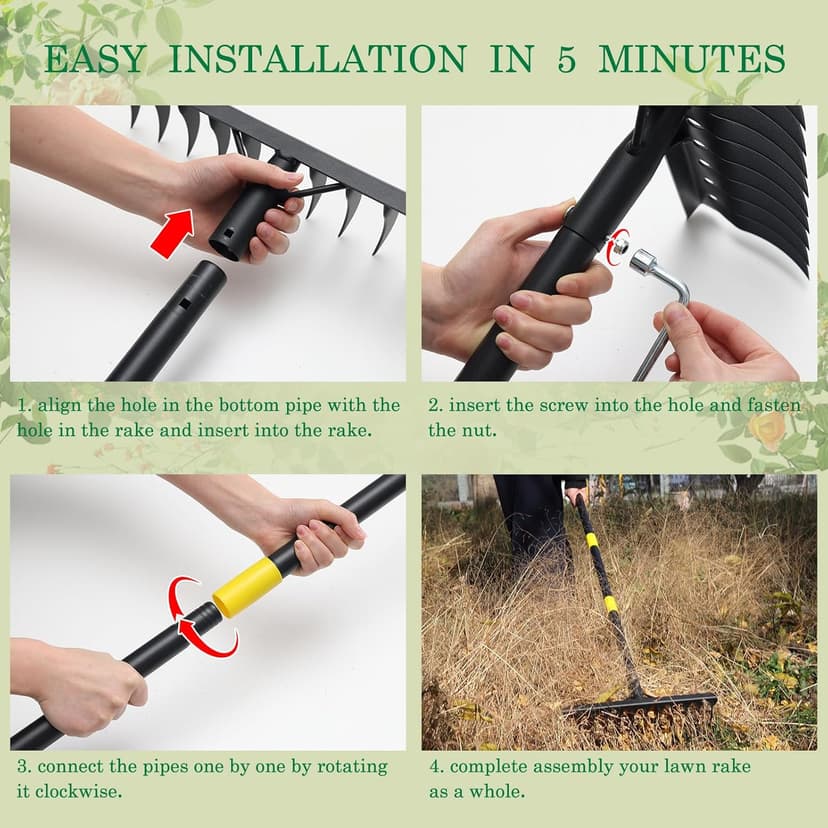 Garden Rake Heavy Duty, 74 Inch Metal Rake with 12 Tines, Bow Rake with Long Handle for Loosening Soil Leveling Lawn Farming Land, Black