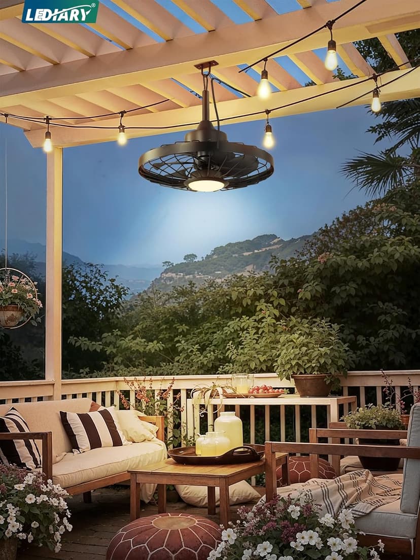 LEDIARY 20" Outdoor Ceiling Fan with Lights,IP65 Waterproof Gazebo Hanging Fan with Remote Control Smart App, Plug in Caged Ceiling Fan with 3CCT 6-Speeds for Patio Porch Pergola(Black)