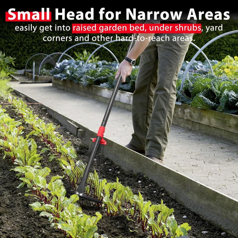 Rake, Adjustable Rake for Leaves with 9”-17” Rake Head, Rakes for Lawns Heavy Duty, 60 in Garden Rake with 18 Clog-Free Tines, Long Handle, Metal Rakes Tool for Gardening, Fast Cleanup Camping Rake