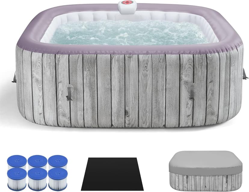 Inflatable Spa Set, Blow Up Hot Tub Outdoor for 4-6 Person, Outdoor Bubble Massage Portable Hot Tub with 130 Soothing Jets, Built in Heater Pump and 6 Filter Cartridges (Square)