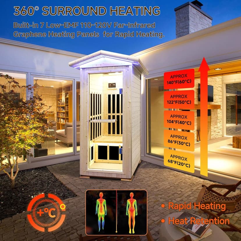 Outdoor Sauna 1 Person for Home Backyard Sauna Outdoor Infrared Sauna 1 Person Dry Sauna for Home Far Infrared Sauna Outdoor Spruce Wood Sauna 1300W Low EMF Single Person Infrared Sauna Room in Home