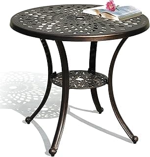 DWVO 30 Inches Round Patio Dining Table with Umbrella Hole, Antique Cast Aluminum Outdoor Bistro Table Outdoor Side Table for Backyard, Garden, Patio, Porch, Hammered Bronze