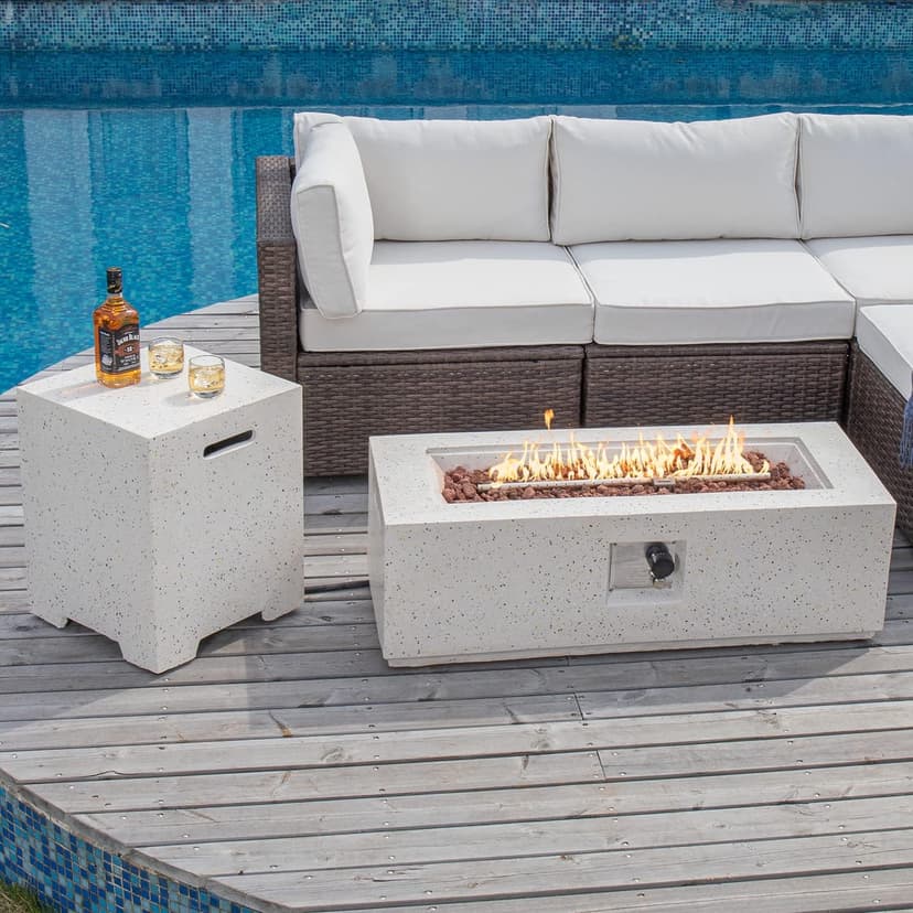 COSIEST 2-Piece Outdoor Propane Fire Pit Table Set w Tank Table, 42" Terrazzo Rectangle Fire Table (CSA Certified, 50,000 BTU) w 16" Tank Cover Side Table, Waterproof Cover for Garden, Pool, Backyard