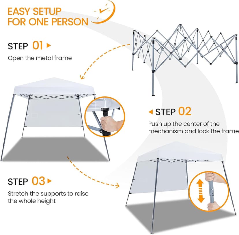 Yaheetech Pop Up Canopy Tent with Backpack, 10x10 Base Portable Easy One Person Setup Folding Shelter Compact Lightweight Slant Leg Canopy with 1 Sidewall, 8x8 Top, White