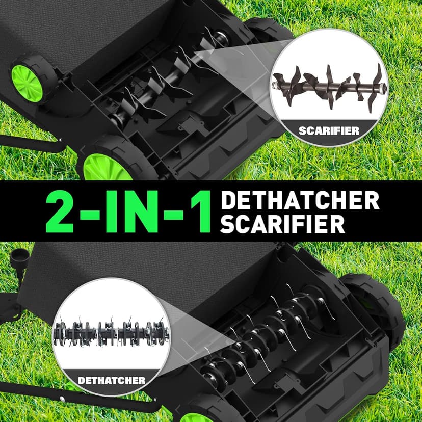 SOYUS Electric Dethatcher and Scarifier with 30L Collection Bag, 13-Inch 12 Amp 2-in-1 Corded Lawn Dethatcher with 4-Postion Depth Adjustment, Quick-Fold, Increases Lawn Health