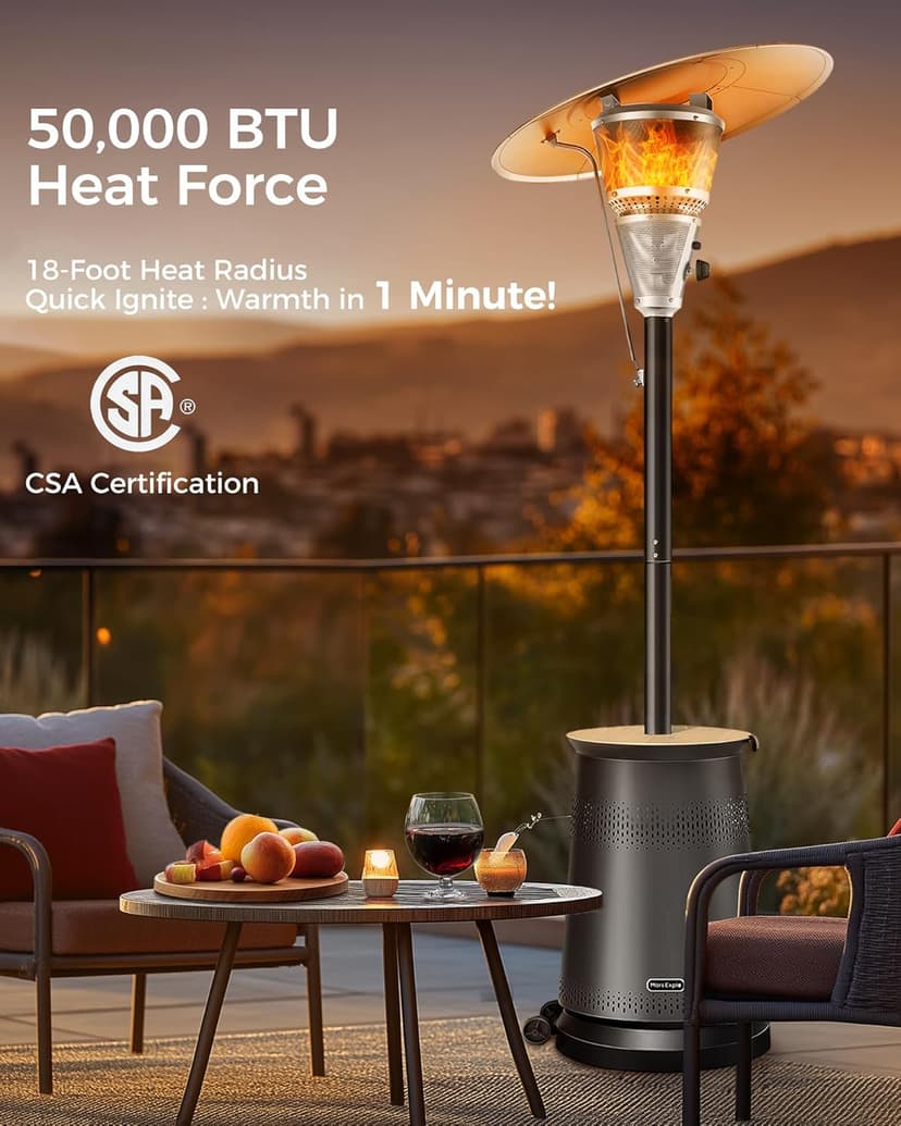 50,000 BTU Patio Heater for Outdoor Use With Adjustable Heat Focusing Top, Table Design, Stainless Steel Burner, Wheels,Propane Heater for Garden, Commercial and Residential, Black