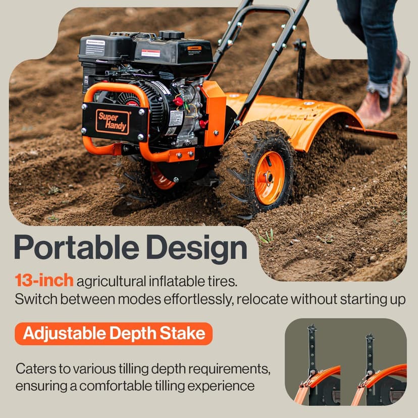 SuperHandy Tiller Cultivator – 7HP 209cc Engine, Adjustable Tilling Width & Depth, Heavy-Duty Steel Tines for Garden Soil Prep, Landscaping & Weed Removal (Rear Tine Tiller)
