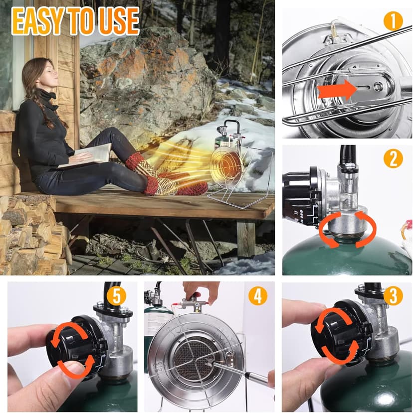 15,000 BUT Multi-Use Portable Propane Heater/Cooker, Outdoor Gas Heater with 8 FT Hose Piezo Ignitor Tip-over Protection Propane Heater for Garage, Patio, Camping, Hunting, Ice Fishing