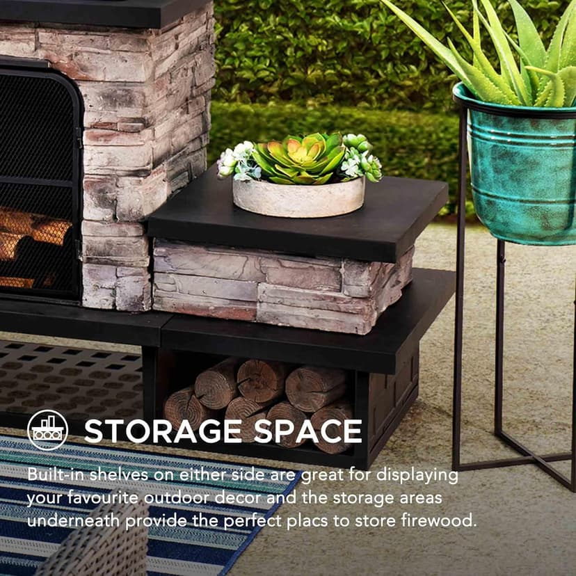 Sunjoy Outdoor Fireplace, Patio Wood Burning Fireplace with Steel Chimney, Mesh Spark Screen Doors, Fire Poker, and Removable Grate, Black