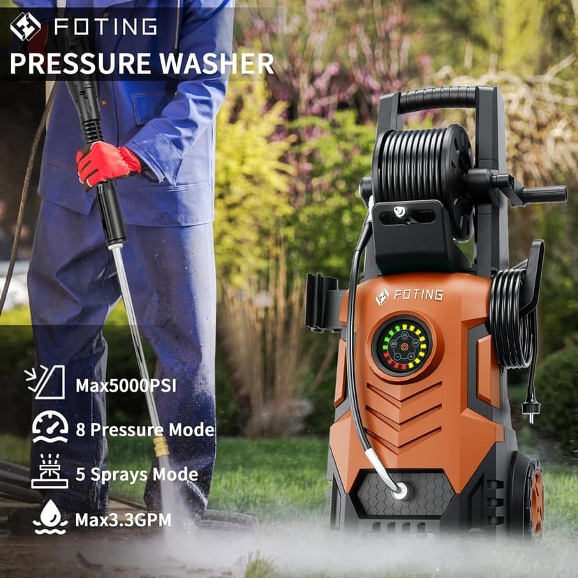 2025Upgraded Electric Pressure Washer with Adjustable Touch Screen 5000PSI 3.3GPM/8 Level, 58Total Long, 4 Quick Connect Nozzles,Inlet Hose&Filter&Foam Cannon for Cars/Fences/Driveways/Home Cleaning