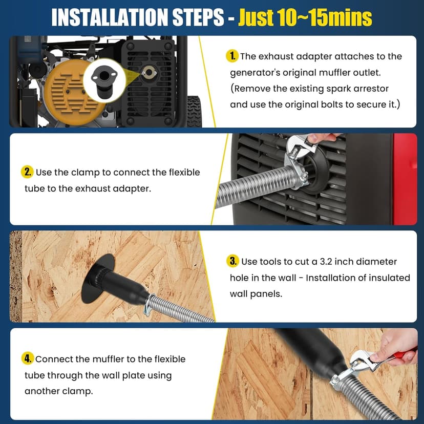 Generator Exhaust Extension Silencer Kit with Three Universal Adapters Compatible ALL Portable Generators with ALL-IN-ONE KIT,Insulated Through-Wall Mounting Plate Safely Vent Exhaust Reduce Noise 55%