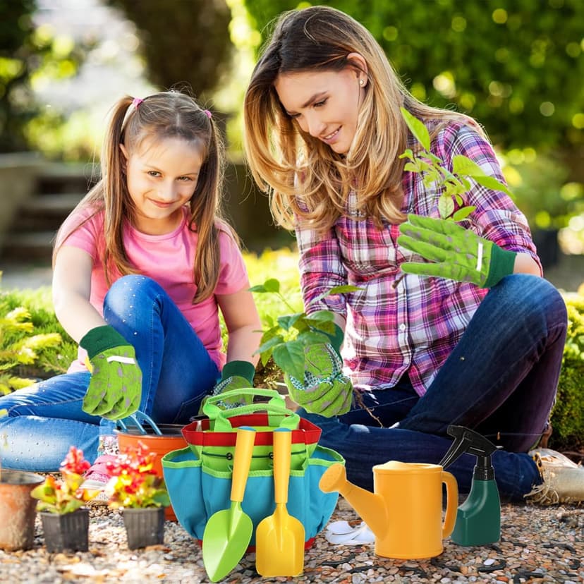 9PCS Kids Garden Tools Set,Boys Girls Gardening Kit Tools Including Watering Can, Spray Bottle, Tote Bag, Apron, Trowel, Rake, Outdoor Garden Toy Gift for Beach