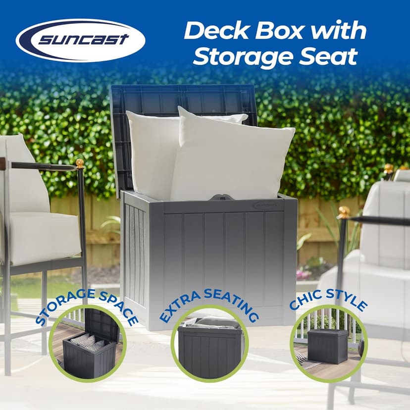 Suncast Small Deck Box Storage w/Bench Seat for Indoor & Outdoor Use, 22 Gal., Cyberspace