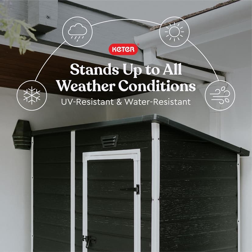 Keter Essential Shed 6x4 Resin Outdoor Storage Shed Ideal Storage for Patio Furniture, Garden Tools Bike Accessories, Beach Chairs and Lawn Mower, Black and White