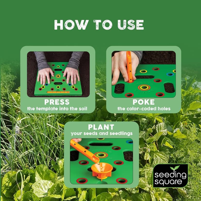 Seeding Square - Patented Seed and Seedling Spacer Tool for Bigger Harvests, Organized Plants & Fewer Weeds – Color-Coded Gardening Template with Magnetic Dibber, Ruler & Planting Guide