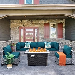 7 Pieces Wicker Patio Furniture Set,PE Rattan Outdoor Sectional Conversation Sofa Set with Fire Pit Table, Non-Slip Cushions and Furniture Cover, Peacock Blue