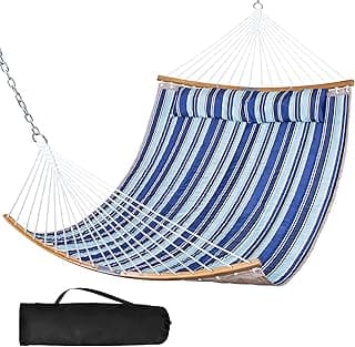 SUNCREAT Portable Hammock with Carrying Bag, 2 Person Hammock with Curved Spreader Bar, Blue Stripes