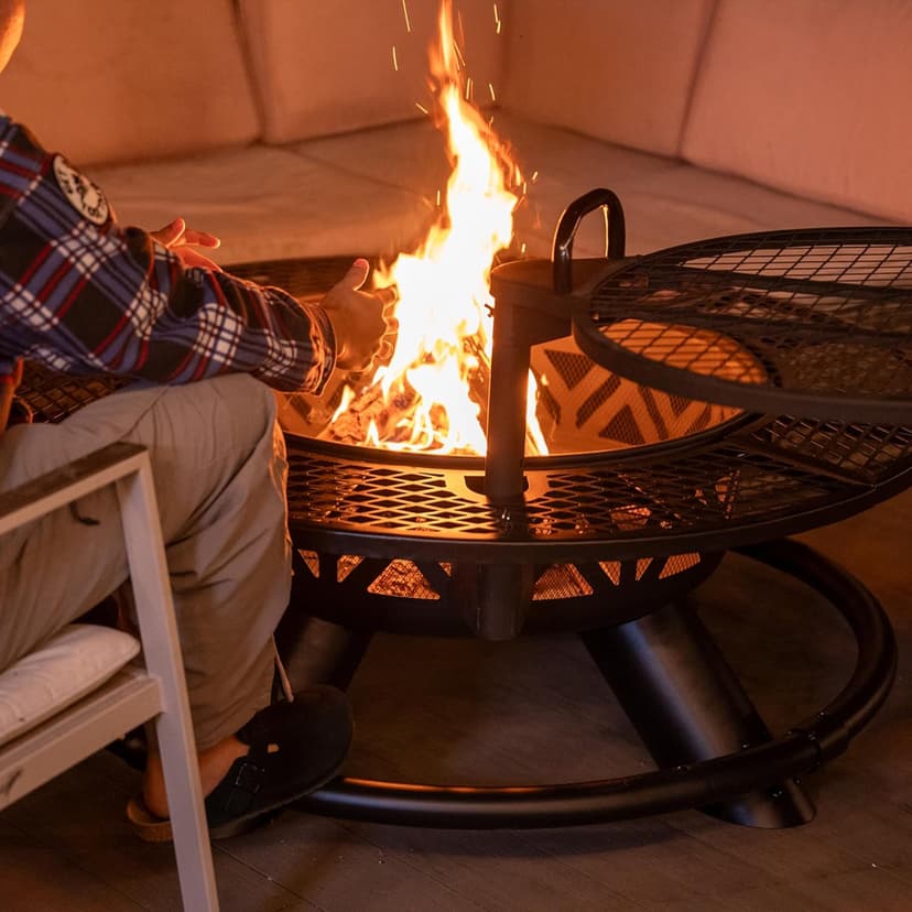 Red Mountain Valley 47" Outdoor Fire Pit with Adjustable Grill, 2-in-1 Large Wood Burning Round Fire Pits, Metal Outdoor Fireplaces, Round Metal Table for Patio, Backyard, Black