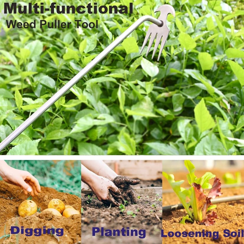 Weed Puller Tool Garden Weed Pulling Tool,Portable Garden Stainless Steel Weeder Tool Uprooting Weeding Tool 4 Teeth Manganese Steel Forged Hand Weeder for Vegetable Gardening Planting Weeding 16inch
