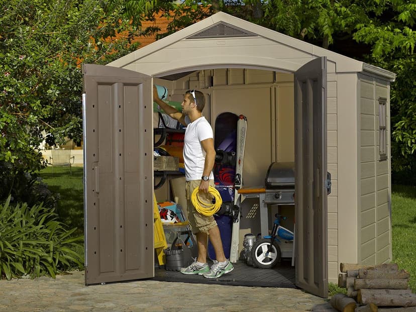Keter Factor 8x6 Large Resin Outdoor Storage Shed for Patio Furniture, Lawn Mower, Garden Accessories Yard Tools, and Pool Toys, Taupe