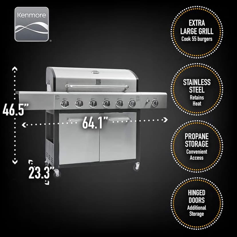 Kenmore 6-Burner Propane Gas BBQ Grill with Side Burner, 73,000 BTUs, Stainless Steel Cabinet Grill with Cast Iron Grates for Outdoor Cooking, Backyard BBQ, Patio, Large Parties