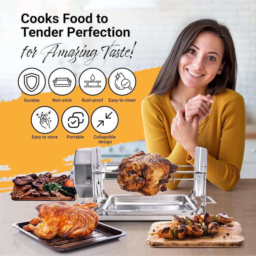 Cordless Universal Rotisserie Kit for Grills Ovens and Smokers - Non-Electric Wind-up Spit Roaster, Gas or Charcoal BBQ - Indoor/Outdoor (Stainless Steel)