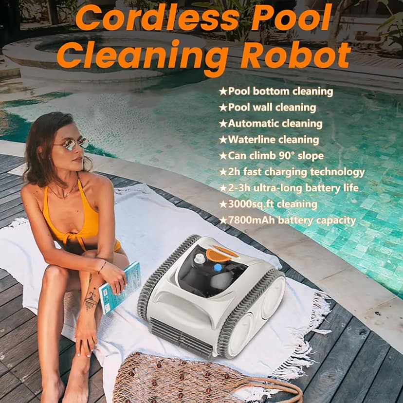 Multifunctional Pool Robot for Inground Pools Wall Floor Waterline Cleaning, 65-140W Powerful Suction Last 150 Mins, Built-in 7800 mAh Battery, 2h Fast Charge, Pool Cleaner Vacuum up to3500 sq.ft