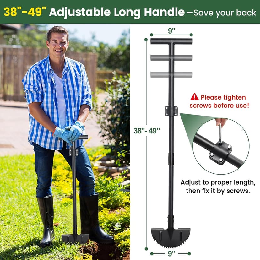Edger Lawn Tool, Sharp Saw-Tooth Half Moon Hand Lawn Edging Tool for Landscaping, Adjustable 49" Long Handle Manual Edgers with T-Grip for Sidewalk Yard Garden Flower Bed Border Cable Burying
