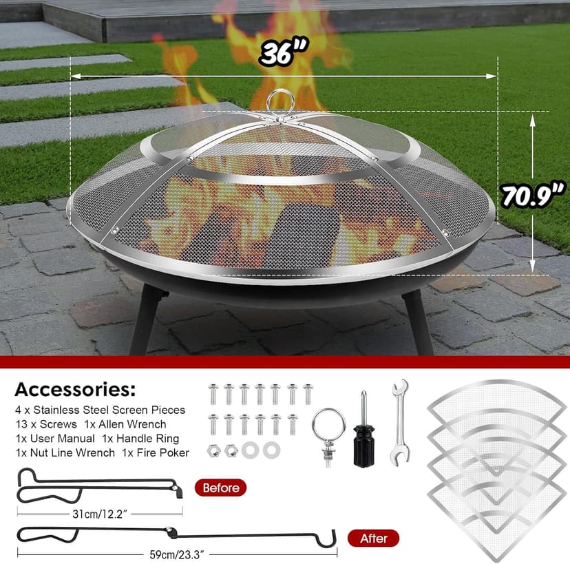 Fire Pit Spark Screen,36 Inch Fire Pit Screen Cover Stainless Steel Outdoor with Handle&Poker,Firepit Screens Cover Round Mesh Lid Heavy-Duty Steel Replacement for Backyard/Beach/RV Camping