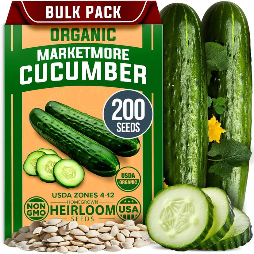 HOME GROWN Organic Cucumber Seeds - 200 Marketmore Heirloom 𝗡𝗢𝗡-𝗚𝗠𝗢 𝗨𝗦𝗔 Vegetable Seeds for Planting in Trellises,Raised Beds,Containers - Beginners and Experienced Gardeners(Cucumis sativus)