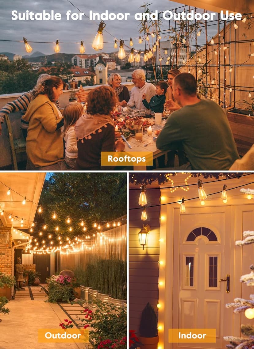 Brightown Outdoor String Lights 100FT Patio Outside Hanging Lights with 52 Shatterproof ST38 Dimmable Vintage Waterproof Edison Bulbs for Backyard Deck Garden Party Xmas Decor, 2700K