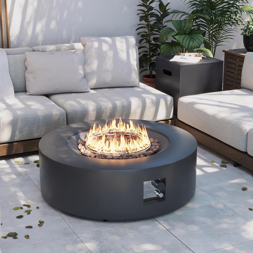 UPHA 42-inch Outdoor Propane Gas Fire Pit Table 50000 BTU Iron Round FirePit for Outside Patio with Tank Hidden Table, Removable Lid, Lava Rocks, Rain Cover, Grey