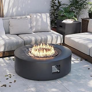 UPHA 42-inch Outdoor Propane Gas Fire Pit Table 50000 BTU Iron Round FirePit for Outside Patio with Tank Hidden Table, Removable Lid, Lava Rocks, Rain Cover, Grey