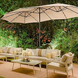 Sophia & William 15 ft Extra Large Patio Umbrella with Solar Lights, Rectangular Outdoor Umbrella with Base Included, Market Umbrella Double-sided Heavy Duty for Pool Garden Backyard, Beige