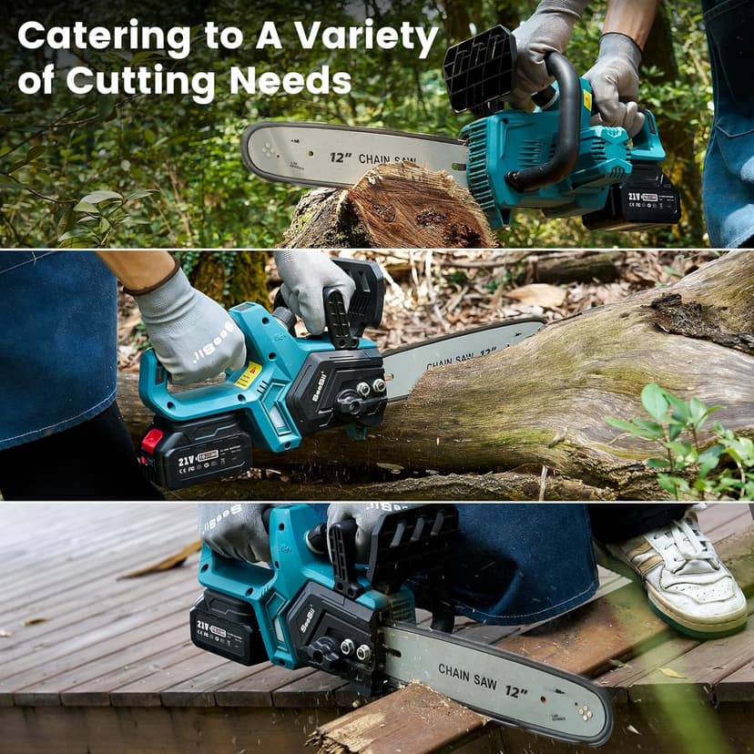 Seesii Chainsaw Cordless 12-inch, Electric HandHeld Chain Saw, 12-in Portable Chainsaw Battery Powered Saws for Trees Wood Cutting, 2 * 4.0Ah Battery and Charger Included, CH1200+