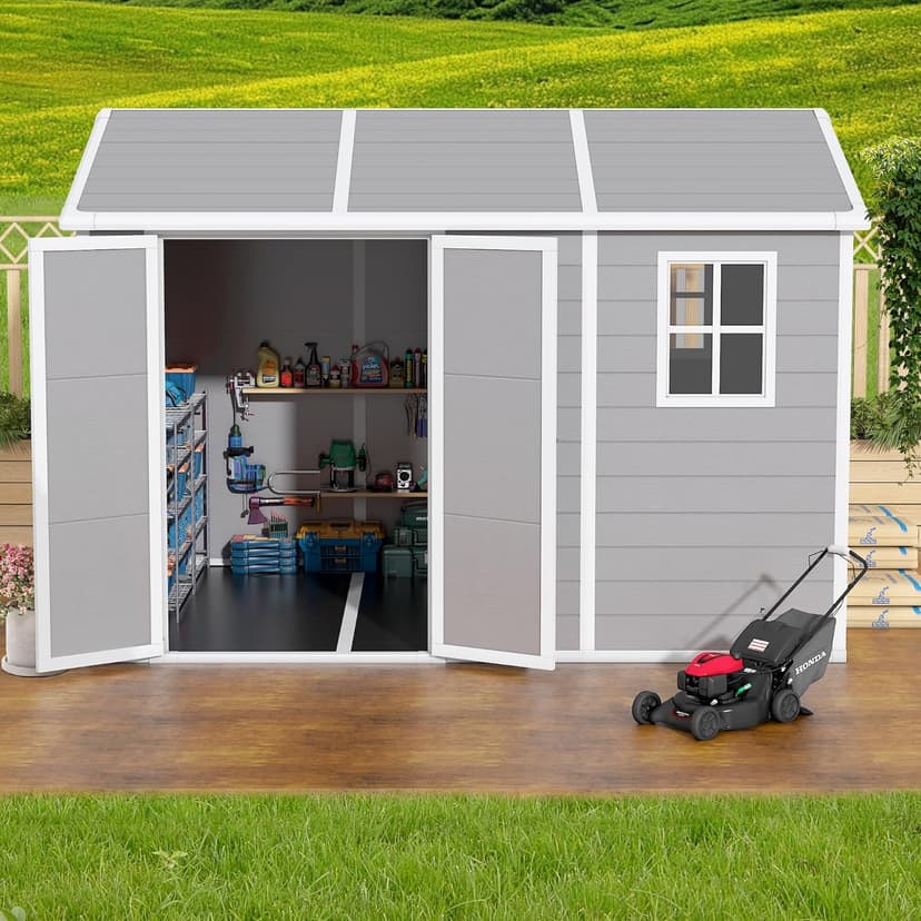 10x8 FT Outdoor Storage Shed with Floor, Weather-Resistant Resin Shed with Double Windows, Lockable Door and Vents, Plastic Outside Tool Storage Sheds for Garden, Backyard, Lawn