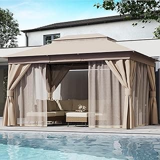 LAUSAINT HOME Outdoor Patio Gazebo 10'x13' with Expansion Bolts, Heavy Duty Gazebos Party Tent Shelter with Double Roofs, Mosquito Nets and Privacy Screens for Backyard, Garden, Lawn, Khaki