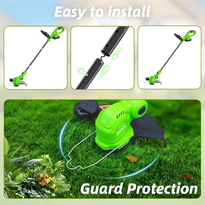 12-inch 20V Cordless String Trimmer with Charger, 2 X 2.0Ah Battery Powered Grass Mover with Auto Line Feed, 2 in 1 Lawn Edger with 8 Pcs Grass Cutter Spool Line and 2 Spool Cap, Green