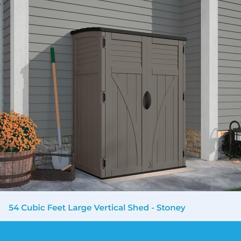 Suncast 54 Cubic Ft. Vertical Resin Outdoor Storage Shed with Lockable Double Doors, Weather-Resistant Multi-Wall Panels, Customizable Shelving, Stoney, Made in the USA