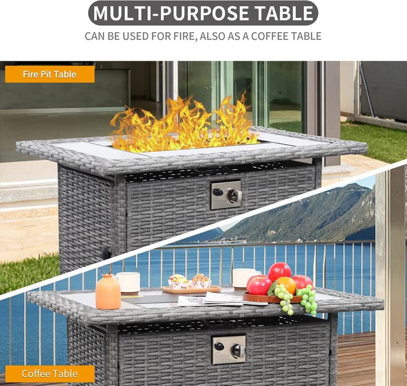 60000 BTU Wicker Gas Fire Pit Outdoor Fire Pit Table 45 Inch Fire Pits for Outside with Woodgrain Marble Tabletop Fire Pit Cover and Blue Crystal Beads