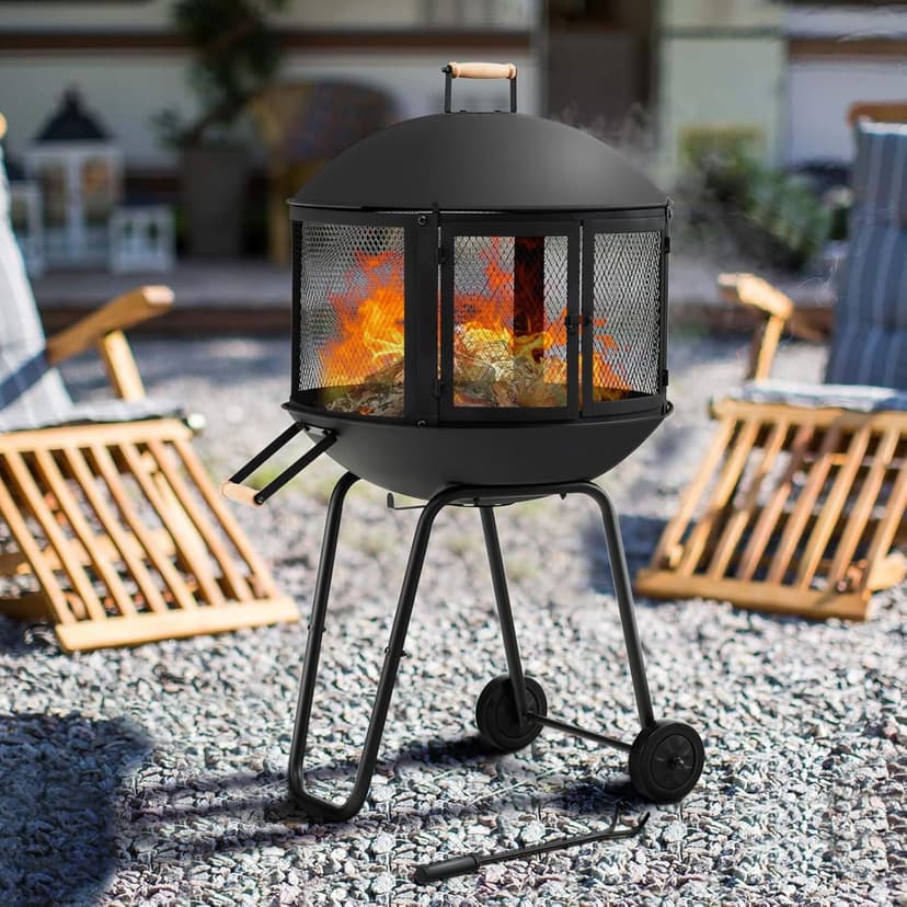 Giantex 28" Portable Fire Pit on Wheels, Outdoor Mobile Wood Burning Firepit w/Log Grate, Fire Poker, Heavy-Duty Steel Frame & Solid Metal Top, 2-Door Gate, Rolling Fire Pits for Entertaining Camping