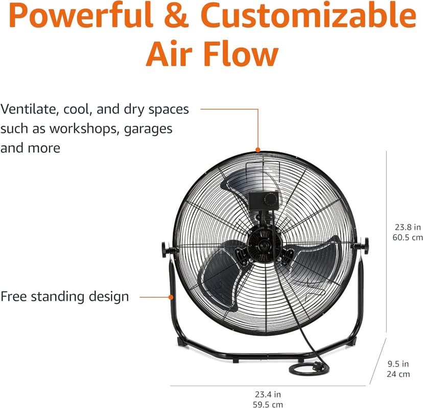 Amazon Basics 20" High Velocity Industrial Fan, Floor Fan, with 3 Speeds, Tilt Head, ETL-Listed Safety Compliance, Metal Housing/Blades, Ideal for Industrial/Commercial Space/Garage/Gym, 125W, Black