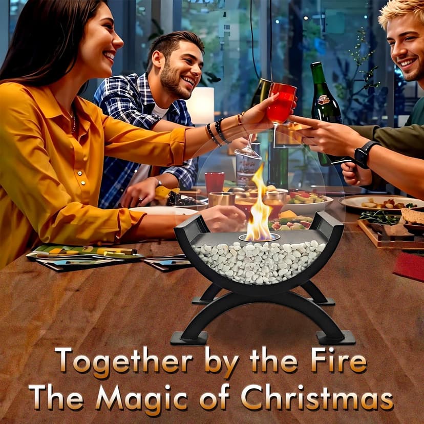 Round Glass Large Tabletop Fireplace 12.5" H Portable Fire Bowl Pot Clean Burning Bio Ethanol Ventless Fireplace for Indoor Outdoor Patio Parties Events(Black)