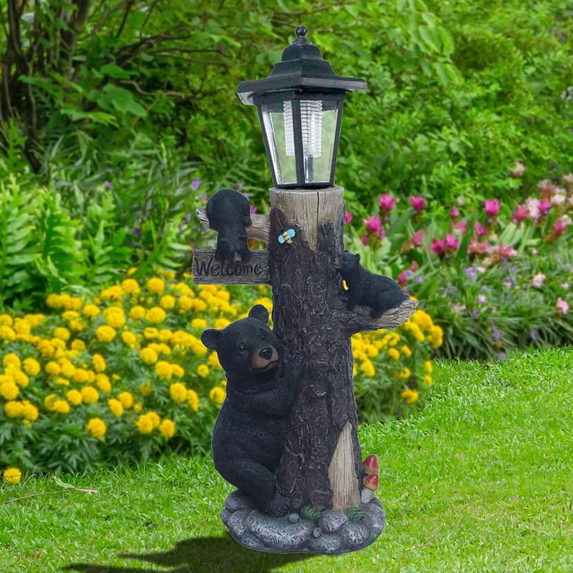 Bear Statue Welcome Sign Garden Statue with Solar Lights, 19 Inches Resin Bear Family on The Tree, Outdoor Bear Décor for Yard, Garden, Lawn, Patio, Black and Brown Animal Statue